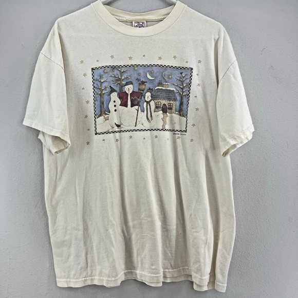VTG Christmas T-Shirt Women's XL Snowman Cabin Moon Stars 90s Y2K Grandma Core - Picture 2 of 10